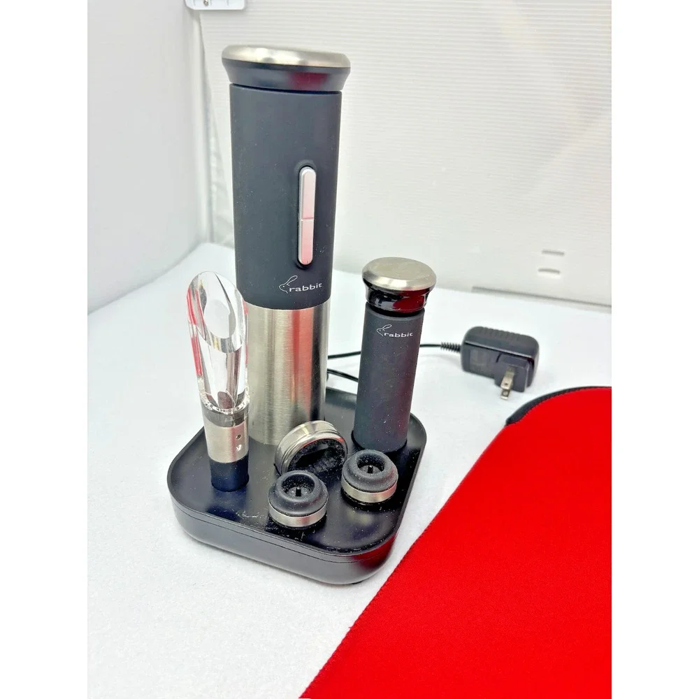 RABBIT Electric Wine Opener‎ 8pc Set with Charging Base Wine Bag Test Works